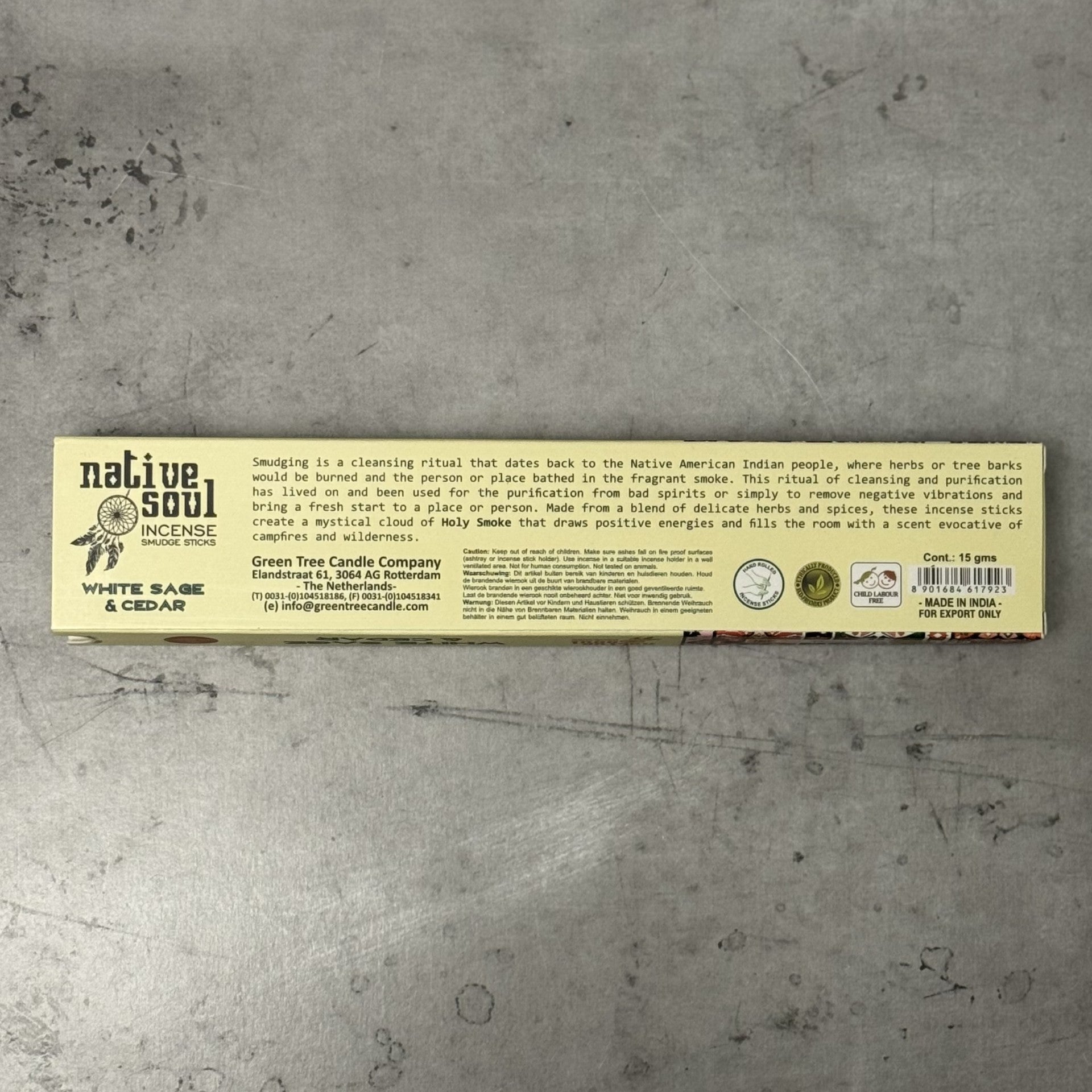 Native Soul Incense packaging on a gray concrete surface