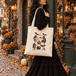 Vintage Witch Tote — Ravens, Cauldron & Jack-O'-Lantern Halloween Canvas Bag - The Mystical Moon