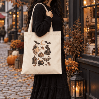 Vintage Witch Tote — Ravens, Cauldron & Jack-O'-Lantern Halloween Canvas Bag - The Mystical Moon