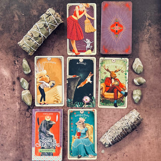 tarot card layout with crystals